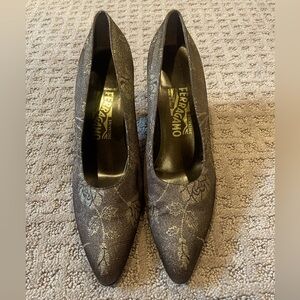 Salvatore Ferragamo Metallic Gold Floral Fabric Pumps